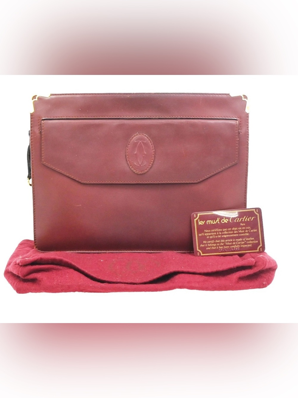 MUST DE CARTIER 2C Logo Clutch Hand Bag Leather Red Burgundy GHW 08KD023